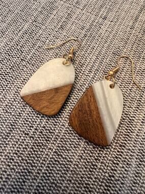 Wood Resin White Drop Earrings Gold Earrings Boho Fashion